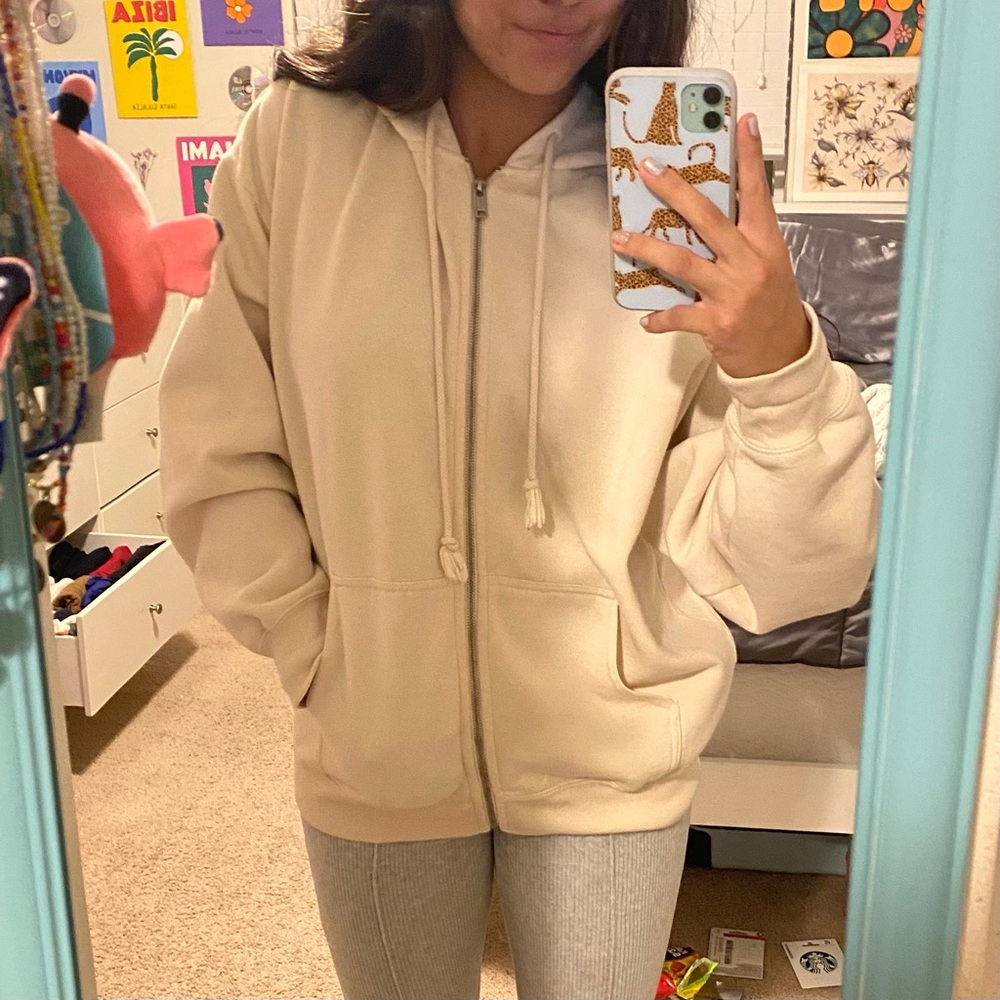 Cream brandy melville zip up hoodie